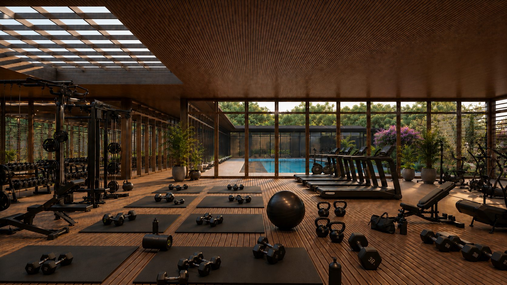 Gimnasio con vista al jardín